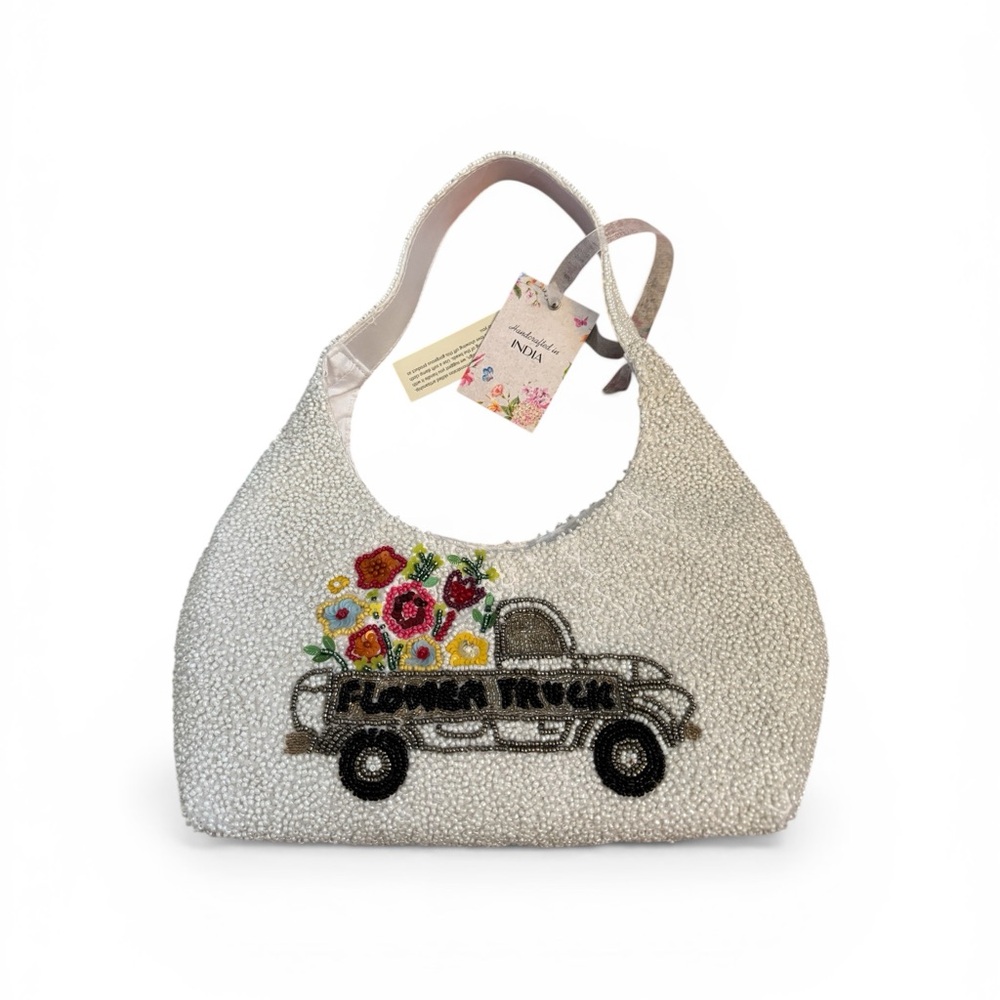 Flower Truck Embellished White Beaded Shoulder Bag